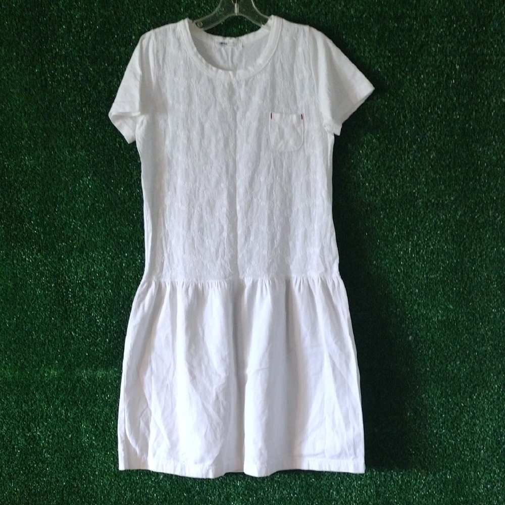 Riccio White Short Sleeve Drop Waist Dress